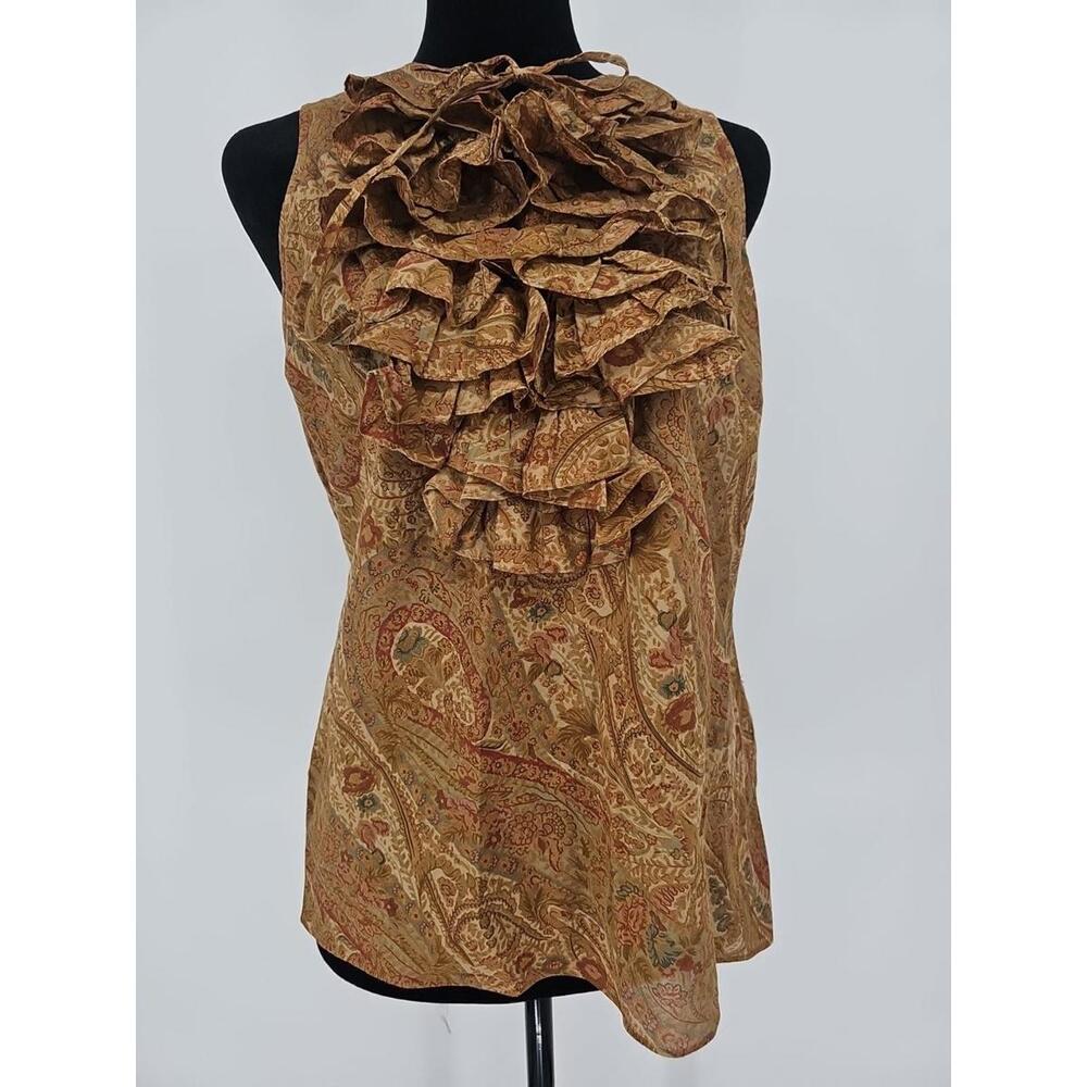 LRL Ralph‎ Lauren Floral Print Top 6P Brown Paisley Ruffle Sleeveless